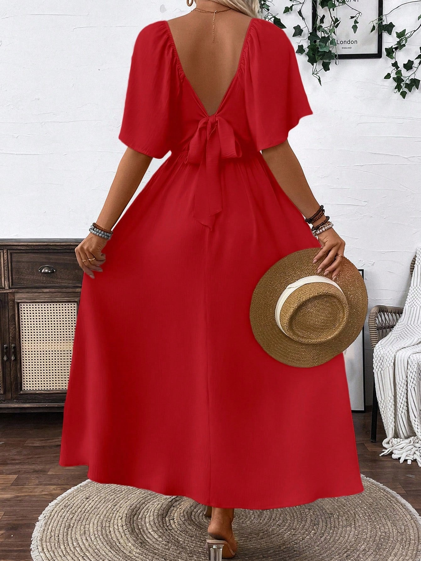 Elegant Bohemian Maxi Dress with Square Neck & Bow Tie Back