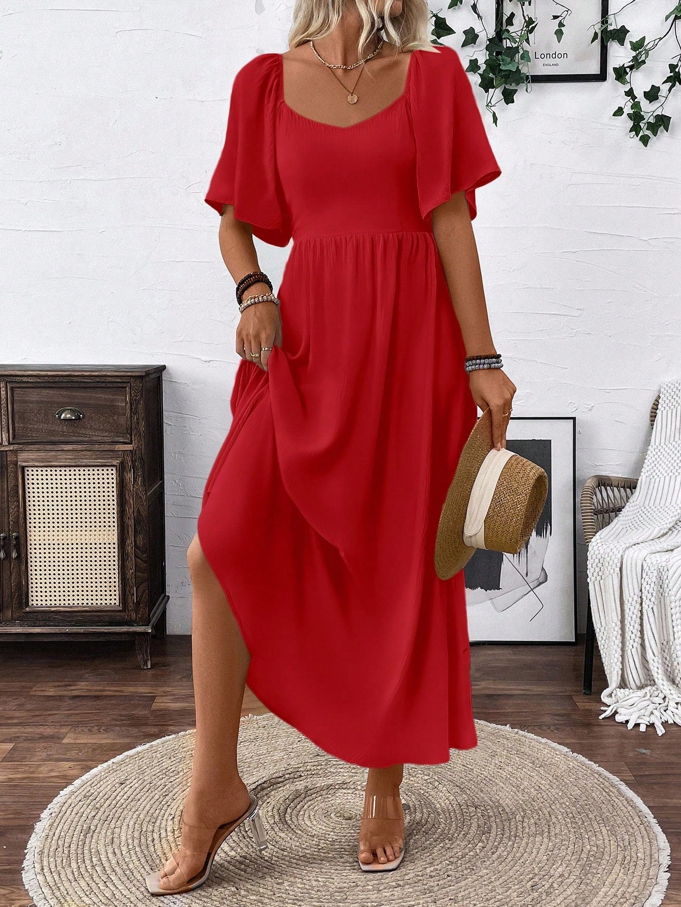 Elegant Bohemian Maxi Dress with Square Neck & Bow Tie Back