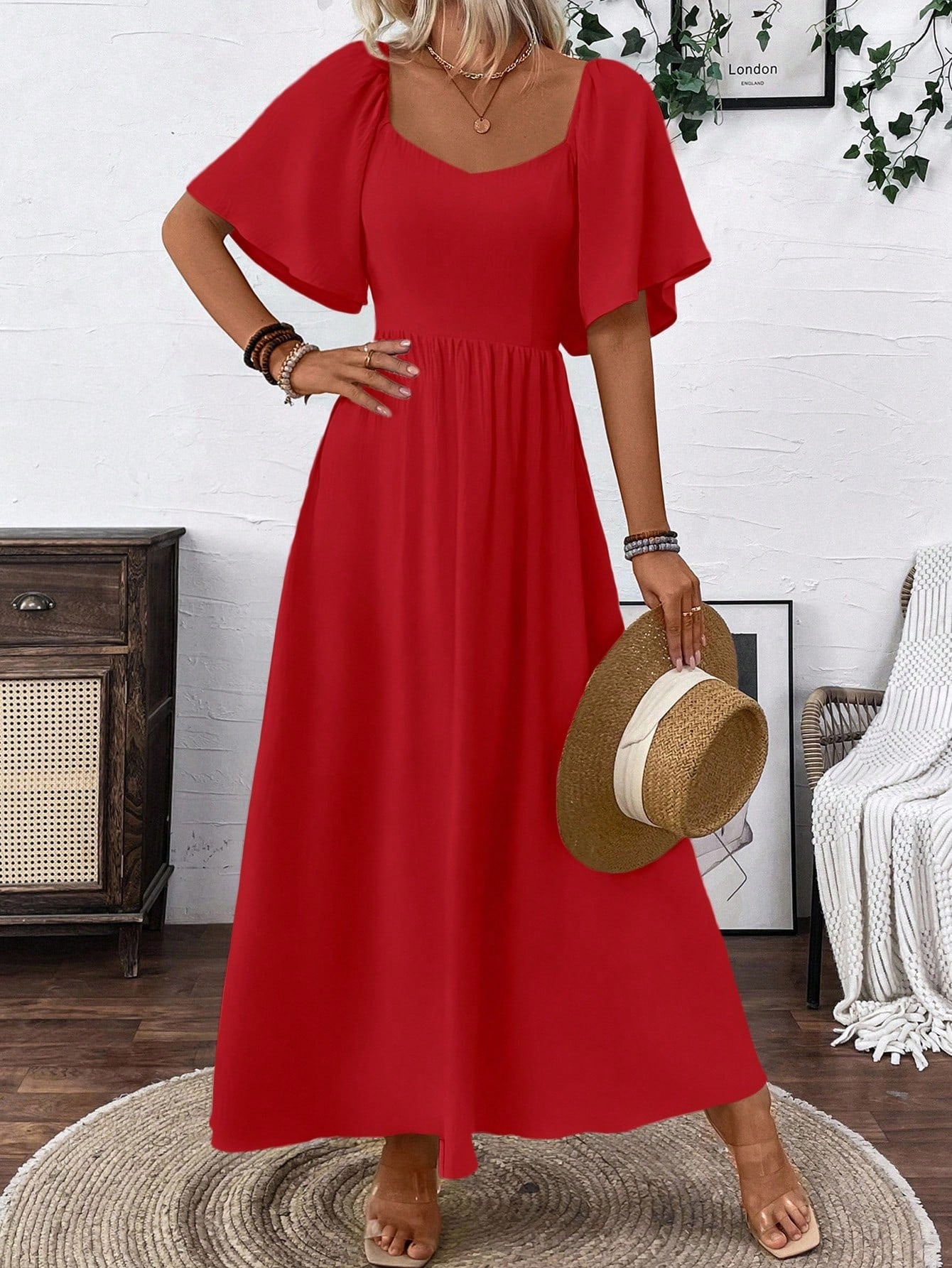 Elegant Bohemian Maxi Dress with Square Neck & Bow Tie Back