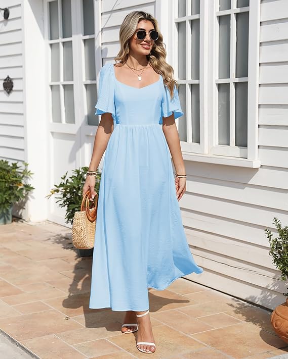 Elegant Bohemian Maxi Dress with Square Neck & Bow Tie Back