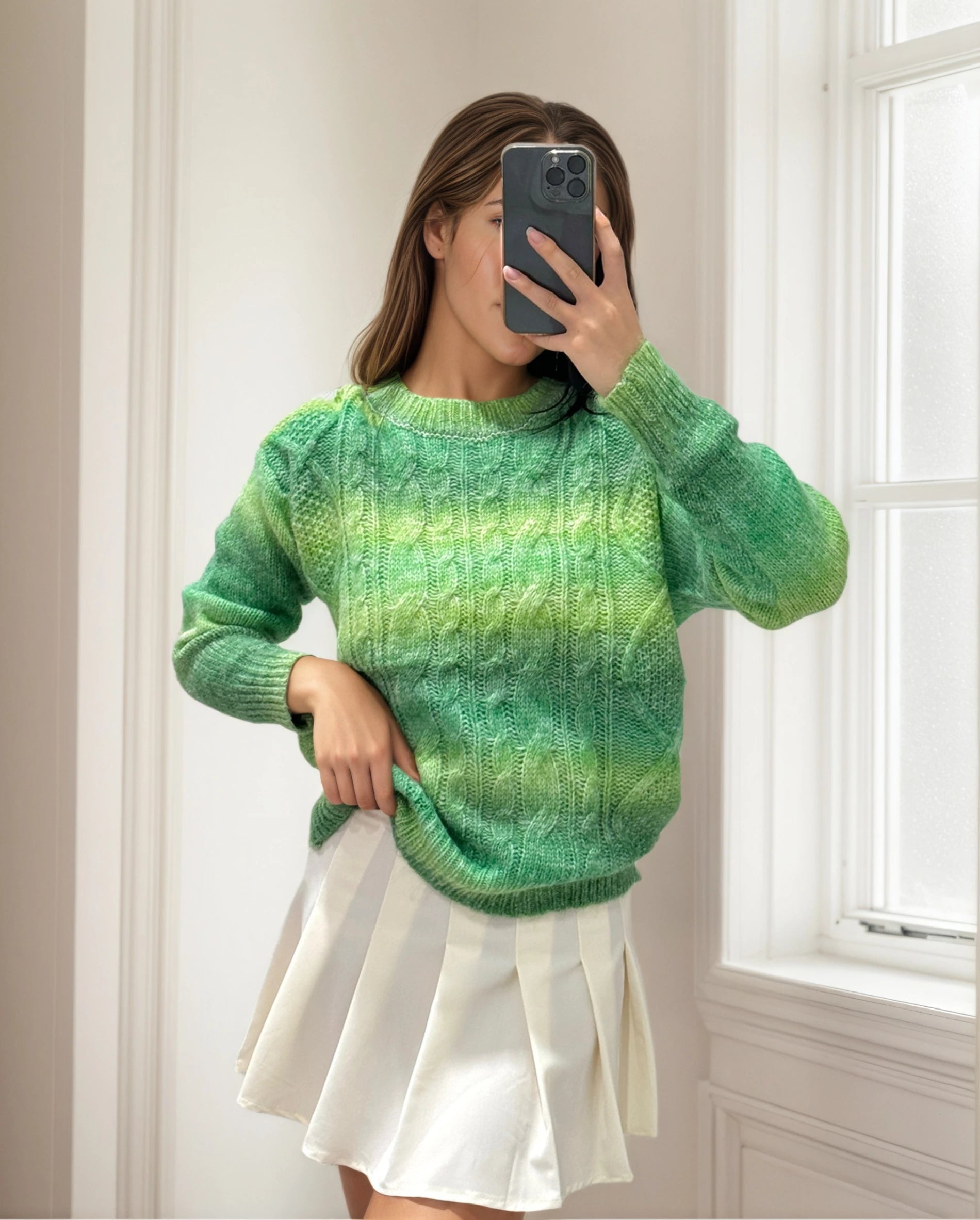 Cable Knit Sweater with Tie-Dye Color Gradient